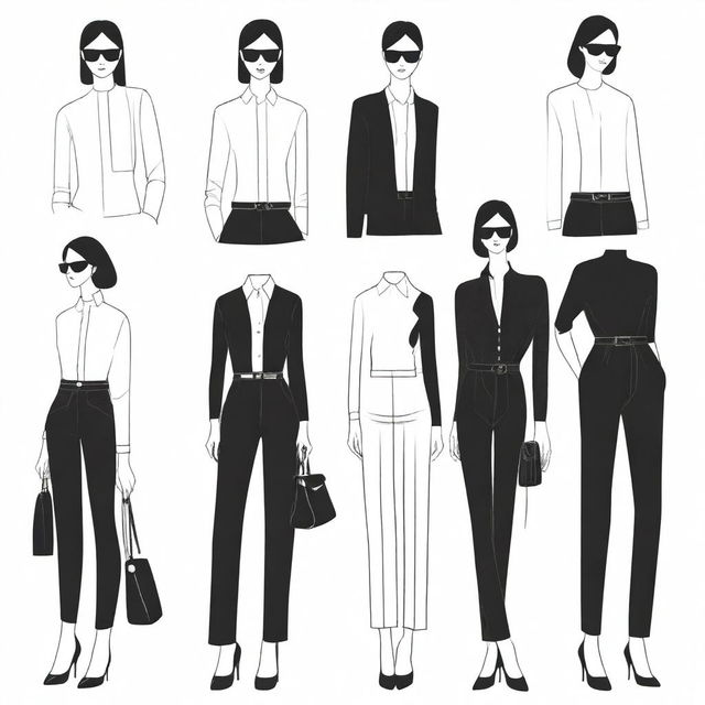 This is a high-quality digital art image featuring a collection of simple, modern outfits for women with a black and white theme