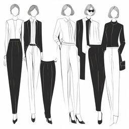 This is a high-quality digital art image featuring a collection of simple, modern outfits for women with a black and white theme