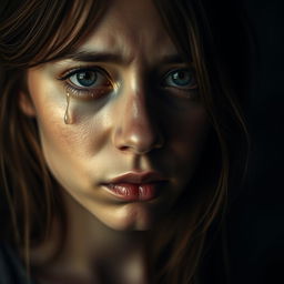 A close-up portrait of a young woman with tears streaming down her cheeks, her eyes filled with sorrow