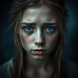 A close-up portrait of a young woman with tears streaming down her cheeks, her eyes filled with sorrow