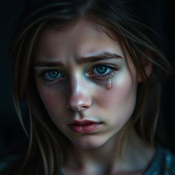 A close-up portrait of a young woman with tears streaming down her cheeks, her eyes filled with sorrow