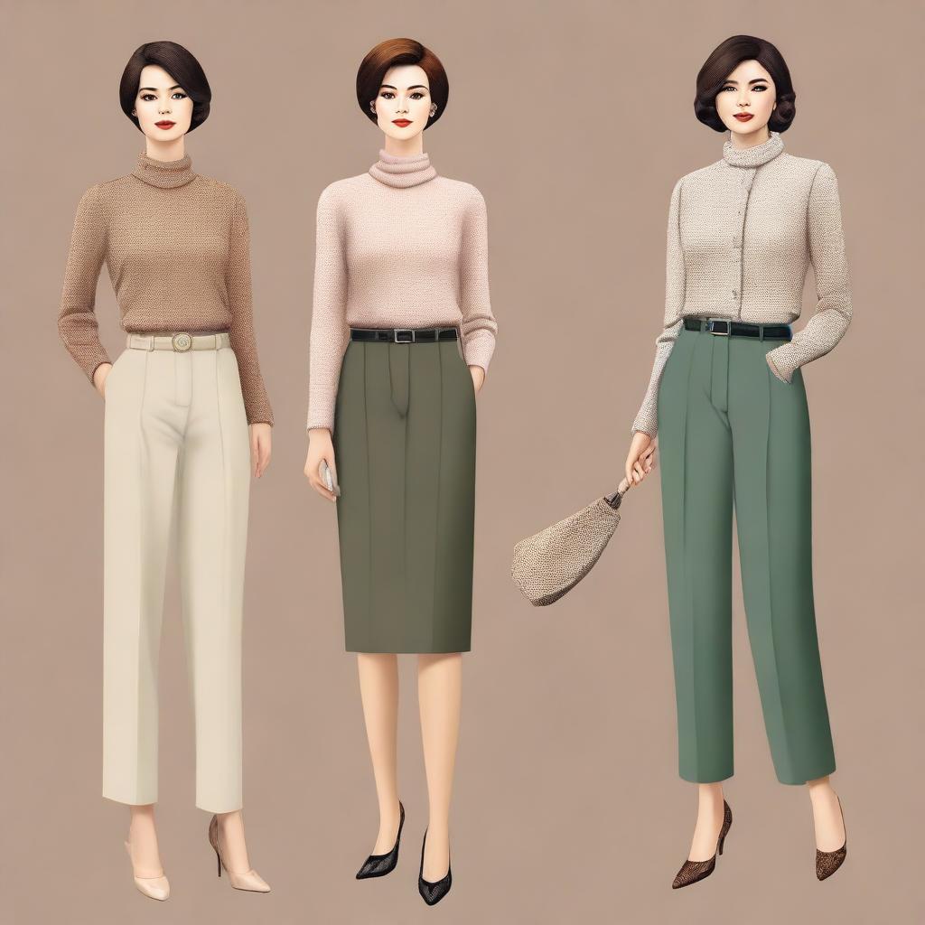 A high-quality digital art image showcasing a selection of simple, old money outfits for women