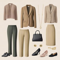 A high-quality digital art image showcasing a selection of simple, old money outfits for women