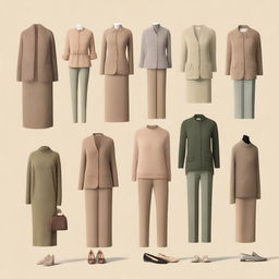 A high-quality digital art image showcasing a selection of simple, old money outfits for women