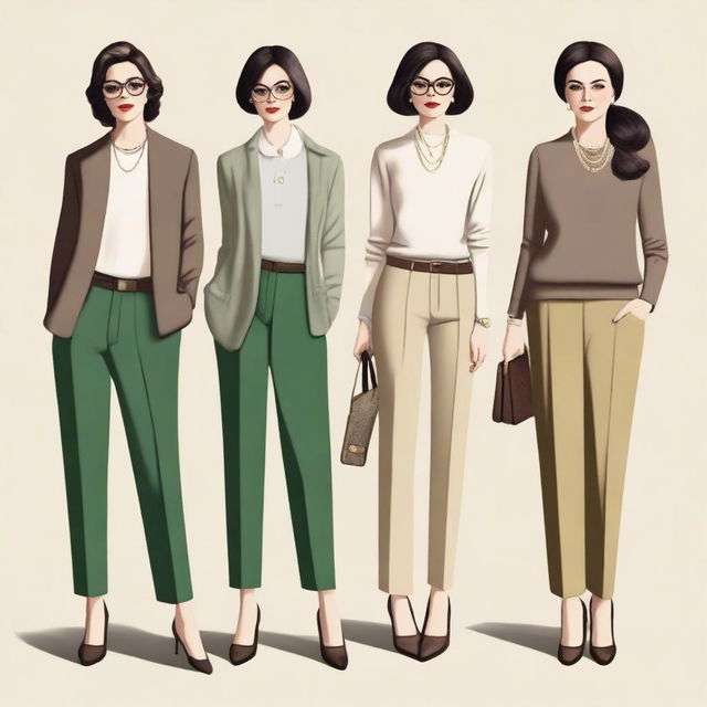 A high-quality digital art image showcasing a selection of simple, old money outfits for women