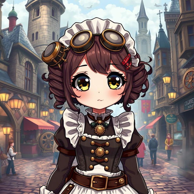 A cute maid girl dressed in intricate steampunk attire, featuring Victorian elements like corsets, gears, and goggles