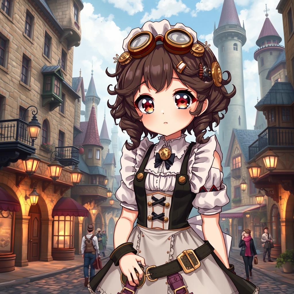 A cute maid girl dressed in intricate steampunk attire, featuring Victorian elements like corsets, gears, and goggles