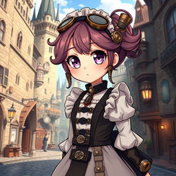 A cute maid girl dressed in intricate steampunk attire, featuring Victorian elements like corsets, gears, and goggles