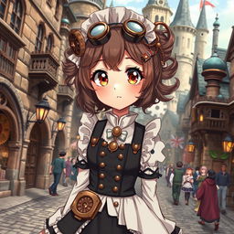 A cute maid girl dressed in intricate steampunk attire, featuring Victorian elements like corsets, gears, and goggles