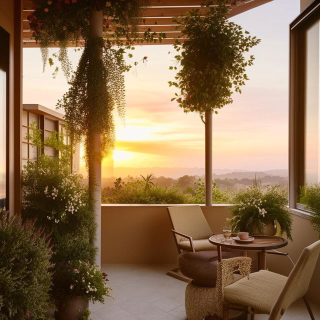 A serene balcony adorned with an array of potted plants, a small round table, two comfortable chairs, and enjoying a view of a soft sunset