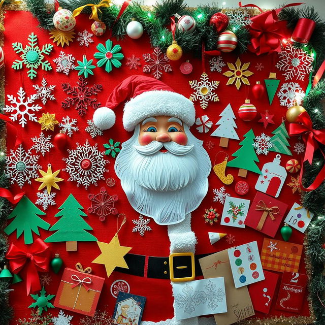 A large thumb pin board decorated in a Christmas theme featuring Santa Claus