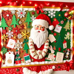 A large thumb pin board decorated in a Christmas theme featuring Santa Claus