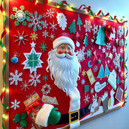 A large thumb pin board decorated in a Christmas theme featuring Santa Claus