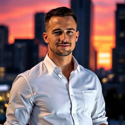 A stylish man wearing a crisp, white button-up shirt with rolled-up sleeves, standing confidently against a vibrant city backdrop during sunset, showcasing warm hues of orange and pink in the sky