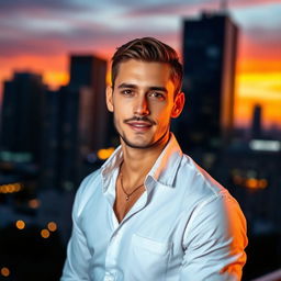 A stylish man wearing a crisp, white button-up shirt with rolled-up sleeves, standing confidently against a vibrant city backdrop during sunset, showcasing warm hues of orange and pink in the sky
