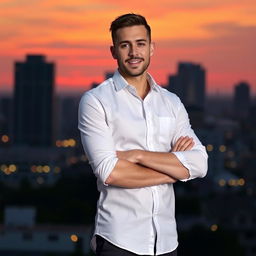 A stylish man wearing a crisp, white button-up shirt with rolled-up sleeves, standing confidently against a vibrant city backdrop during sunset, showcasing warm hues of orange and pink in the sky