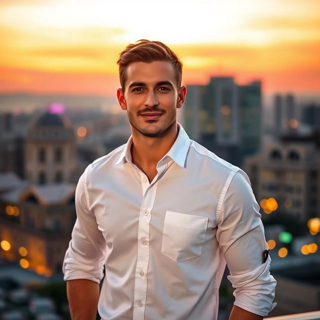 A stylish man wearing a crisp, white button-up shirt with rolled-up sleeves, standing confidently against a vibrant city backdrop during sunset, showcasing warm hues of orange and pink in the sky