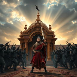 A dramatic and emotionally charged scene depicting the shrine of Hazrat Zainab under siege by terrorists