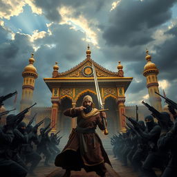 A dramatic and emotionally charged scene depicting the shrine of Hazrat Zainab under siege by terrorists