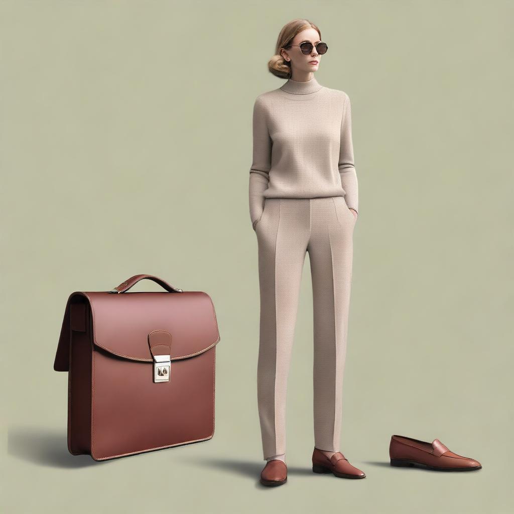 A high-quality digital art image displaying a simple, chic, old money outfit for women