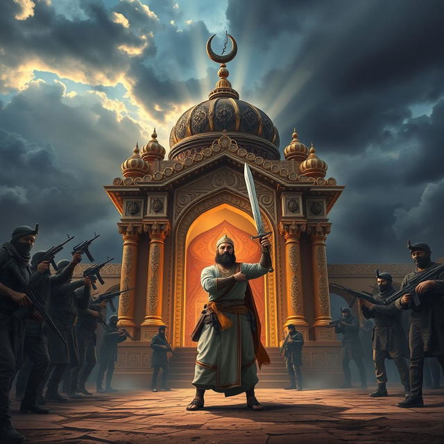 A dramatic and emotionally charged scene depicting the shrine of Hazrat Zainab under siege by terrorists