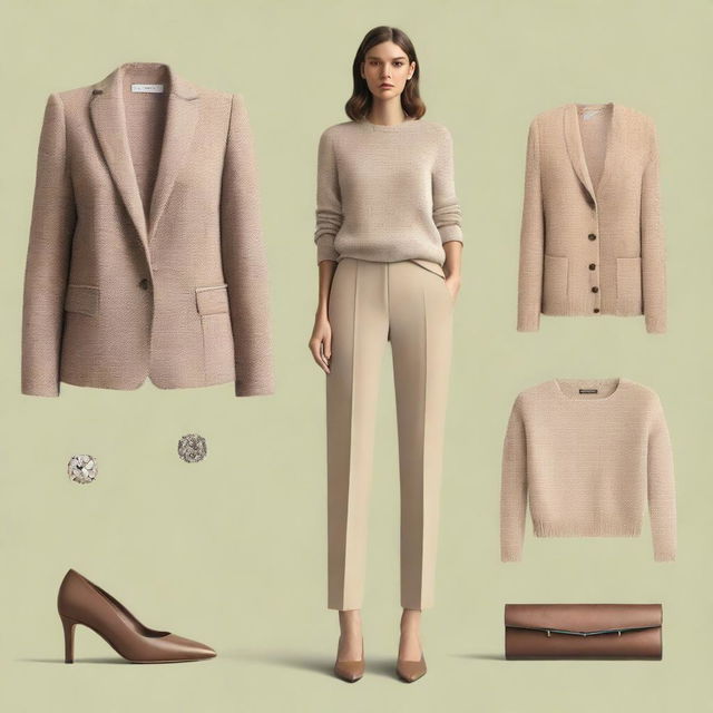 A high-quality digital art image displaying a simple, chic, old money outfit for women