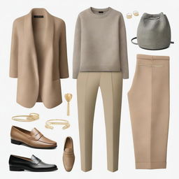 A high-quality digital art image displaying a simple, chic, old money outfit for women