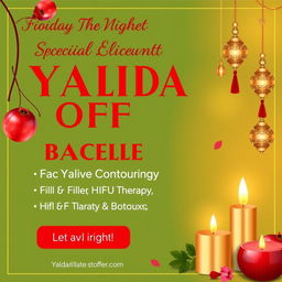 A promotional banner for a special discount on a facial contouring package that includes filler, HIFU therapy, thread lifting, and Botox, designed for Yalda Night celebrations