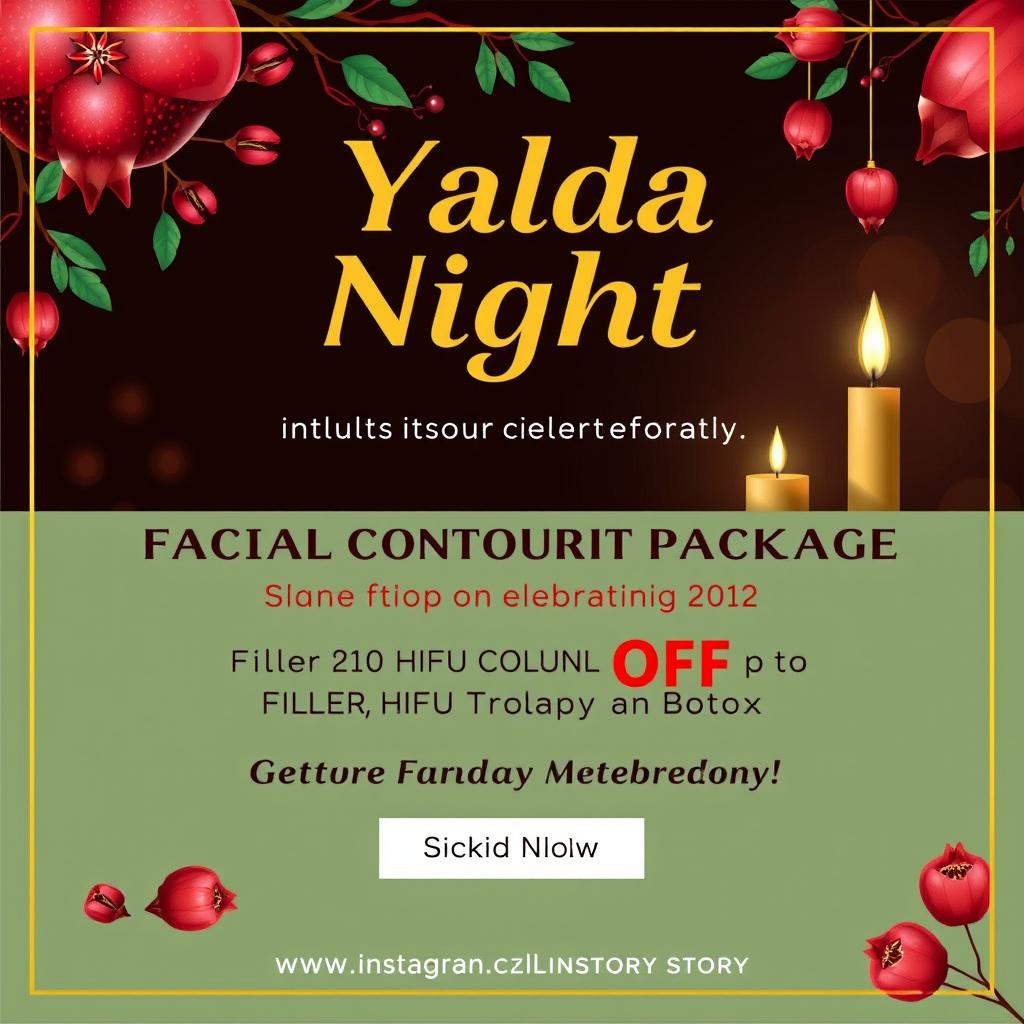 A promotional banner for a special discount on a facial contouring package that includes filler, HIFU therapy, thread lifting, and Botox, designed for Yalda Night celebrations
