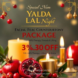 A promotional banner for a special discount on a facial contouring package that includes filler, HIFU therapy, thread lifting, and Botox, designed for Yalda Night celebrations