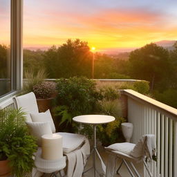 A serene balcony adorned with an array of potted plants, a small round table, two comfortable chairs, and enjoying a view of a soft sunset