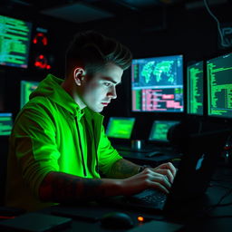 A hacker in a vibrant green outfit, intently focused on a glowing laptop screen