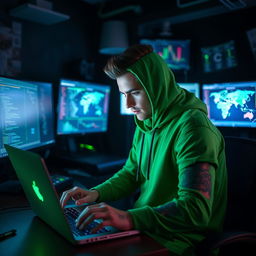 A hacker in a vibrant green outfit, intently focused on a glowing laptop screen