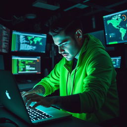 A hacker in a vibrant green outfit, intently focused on a glowing laptop screen