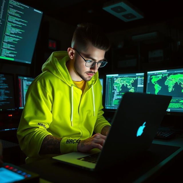 A hacker in a vibrant green outfit, intently focused on a glowing laptop screen