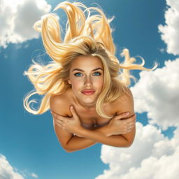 A beautiful blonde woman, with flowing golden hair, falling gracefully from the sky