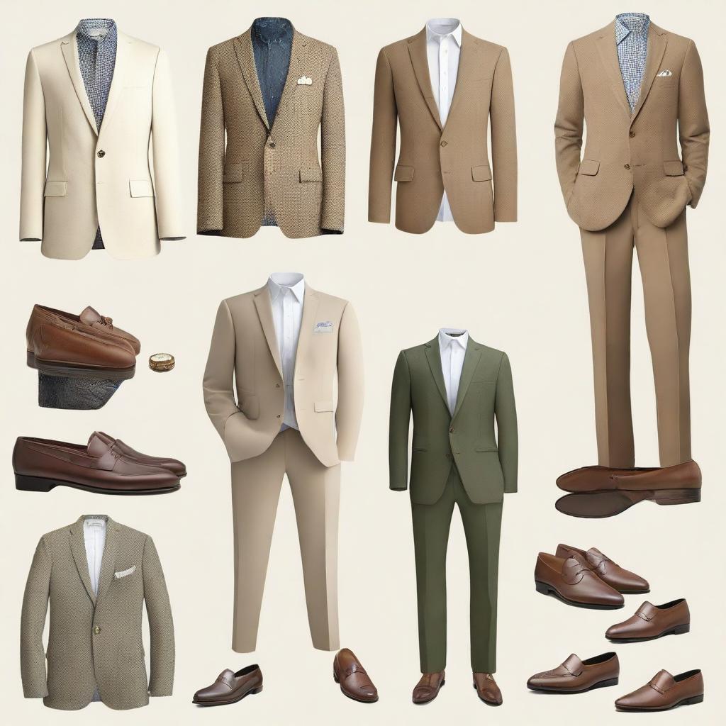 A high-quality digital art image showcasing a collection of casual outfits for men, embodying the 'old money' style