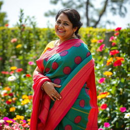 A curvy Indian aunty wearing a beautifully draped saree, vibrant colors with intricate patterns, showcasing her elegant silhouette