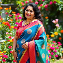 A curvy Indian aunty wearing a beautifully draped saree, vibrant colors with intricate patterns, showcasing her elegant silhouette