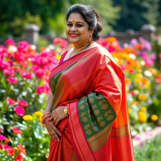 A curvy Indian aunty wearing a beautifully draped saree, vibrant colors with intricate patterns, showcasing her elegant silhouette