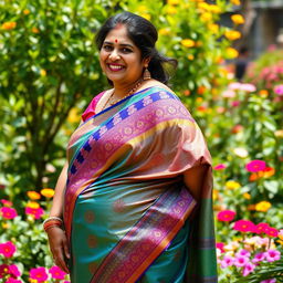 A curvy Indian aunty wearing a beautifully draped saree, vibrant colors with intricate patterns, showcasing her elegant silhouette