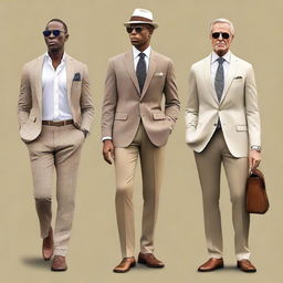 A high-quality digital art image showcasing a collection of casual outfits for men, embodying the 'old money' style