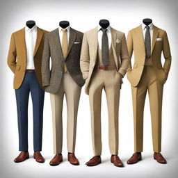 A high-quality digital art image showcasing a collection of casual outfits for men, embodying the 'old money' style