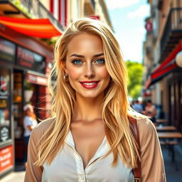 A 30-year-old European woman with blonde hair, striking features, and a confident smile