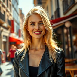 A 30-year-old European woman with blonde hair, striking features, and a confident smile