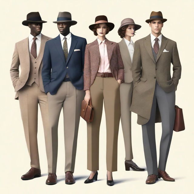 A high-resolution digital art image featuring a selection of simple, casual, modern 'old money' outfits for both men and women