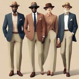 A high-resolution digital art image featuring a selection of simple, casual, modern 'old money' outfits for both men and women