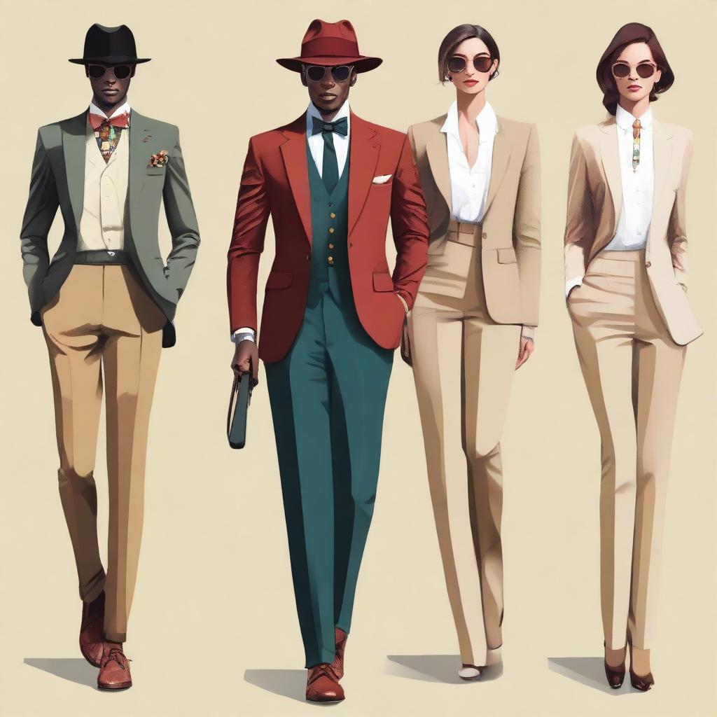 This is a high-resolution digital art image vividly showcasing elegant and chic, casual modern 'old money' outfits for both men and women