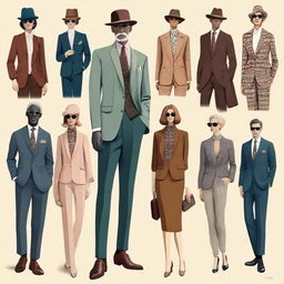 This is a high-resolution digital art image vividly showcasing elegant and chic, casual modern 'old money' outfits for both men and women