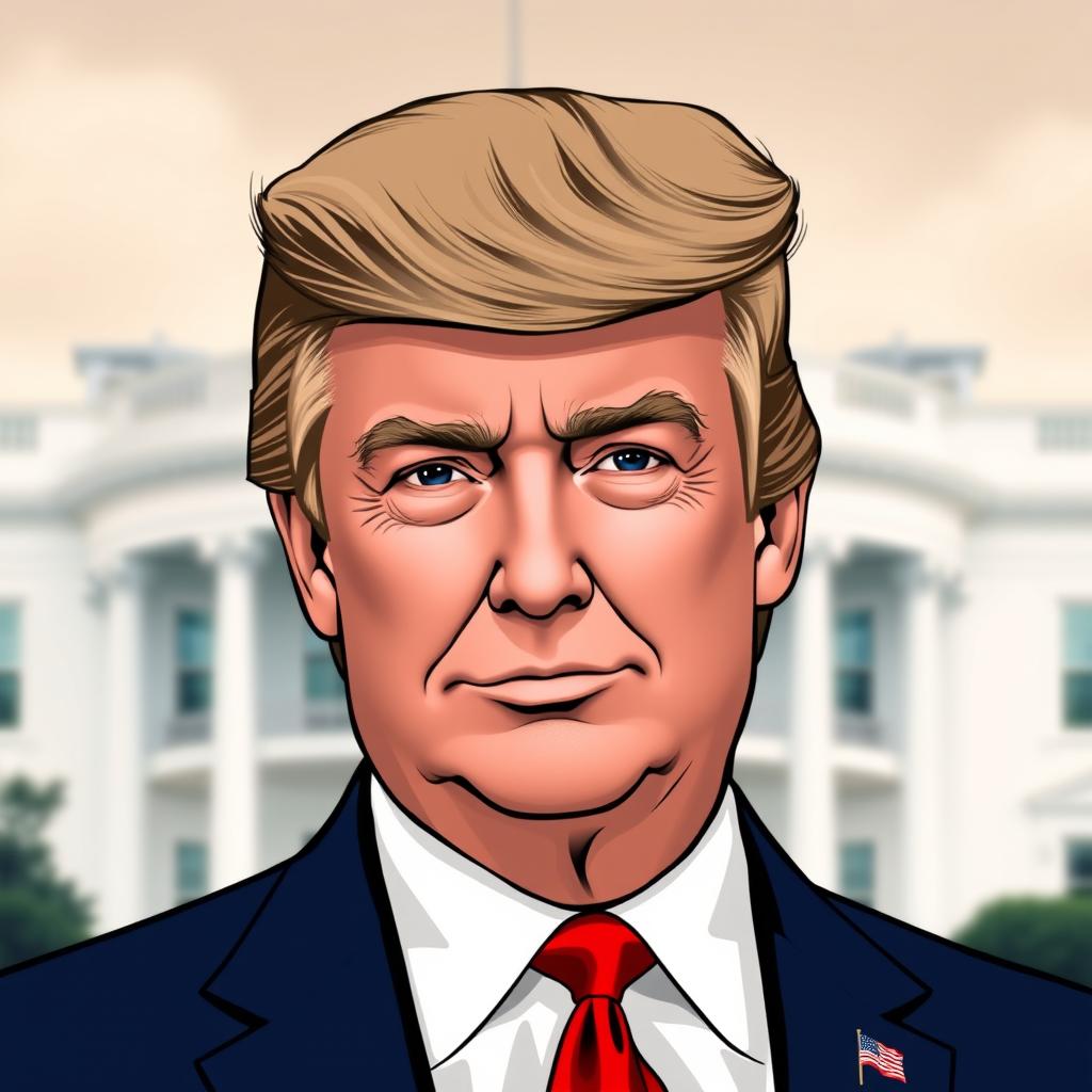 A stylized portrait of Donald Trump, showcasing his signature hairstyle and distinctive facial features